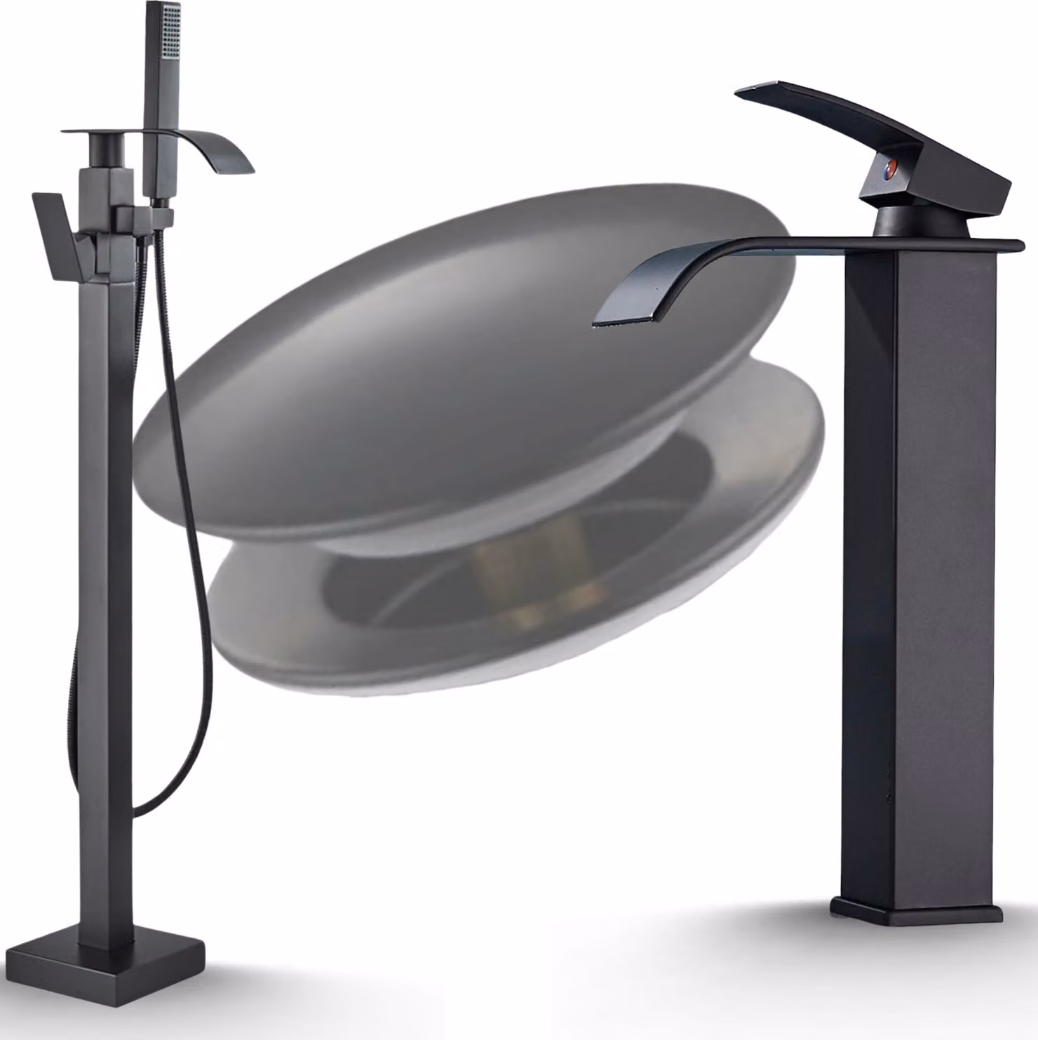 Rubinetto bagno freestanding Ari nero opaco, beccuccio girevole 360 gradi, ottone, con doccetta e valvola in Vetroceramica