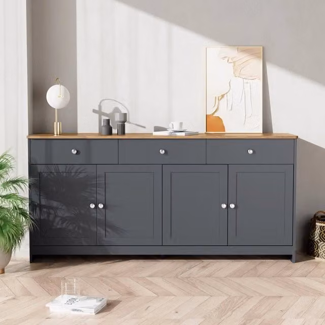 Consolle Minimal con ante e cassetti in rovere multistrato, grigio e nero, L: 160 cm, H: 75 cm, P: 44,5 cm – 1