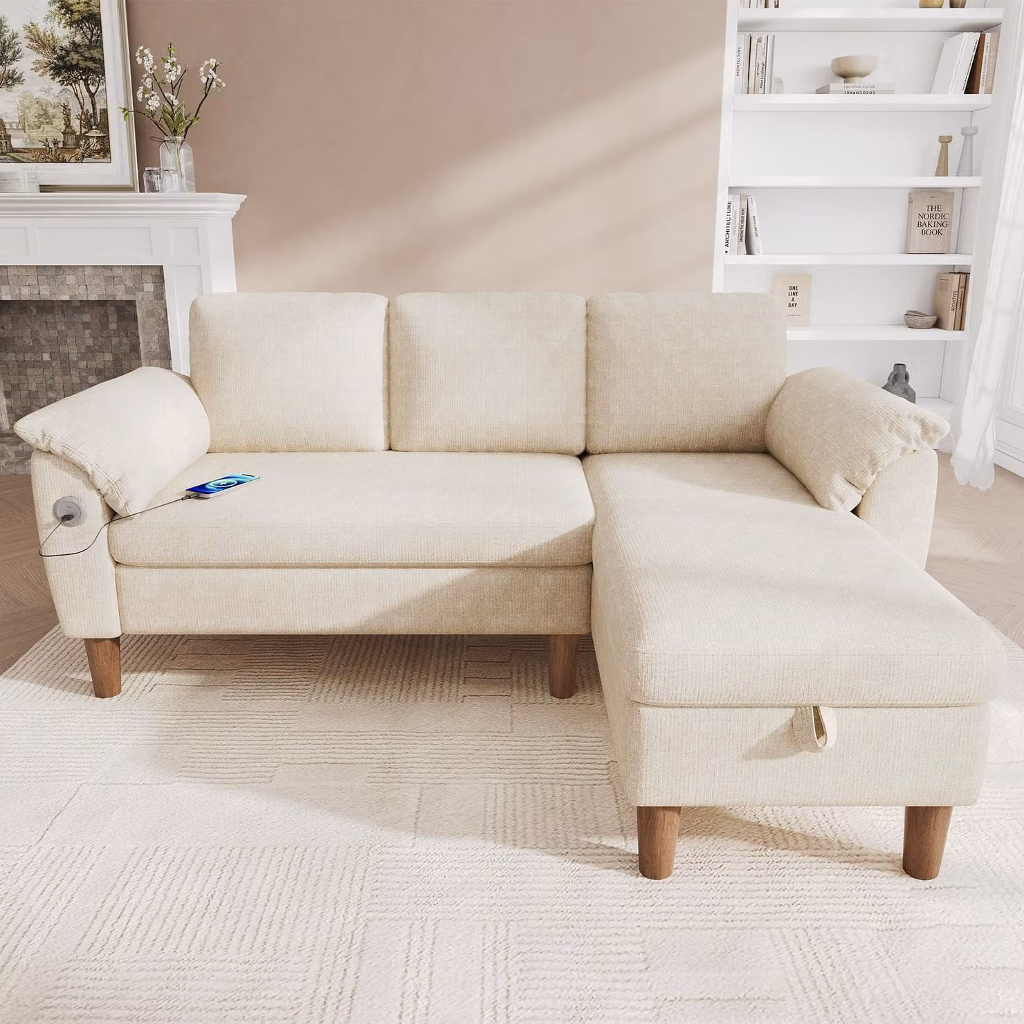 Divano angolare a forma di L, 3 posti, chaise longue con spazio contenitore, porte USB/Type-C, tasca laterale, tessuto in chenille (beige)