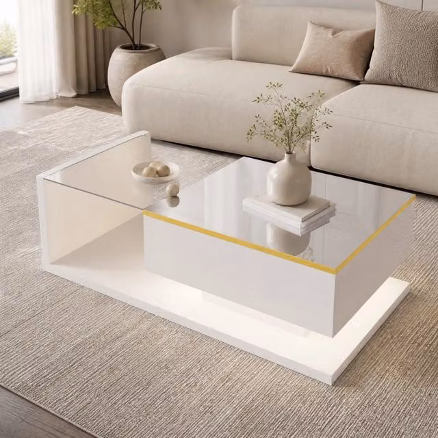 Tavolino da salotto ULEVR 100x50x32,5 cm con vano e ripiani aperti, vetro temperato e LED RGB bianco