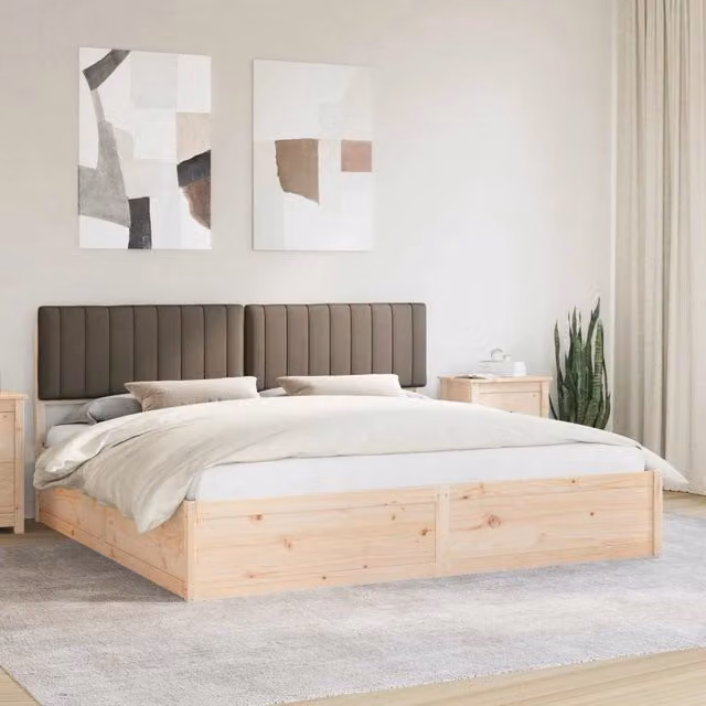 Letto matrimoniale con testiera rivestita in tessuto vidaXL in pino massello, colore beige/marrone, L/P: 200 x 200 cm