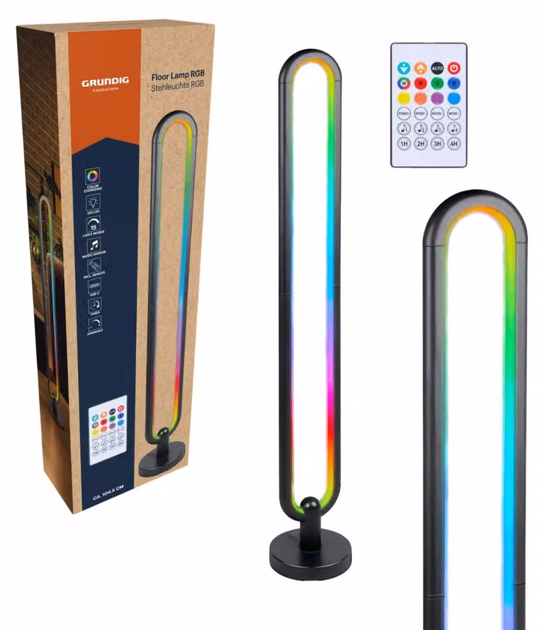 Lampada da terra Grundig RGB 104,5 cm - Lampada a LED con telecomando e modalità musica - Lampada da terra con timer fino a 4 ore - Accessori per gaming con RGB e luce bianca
