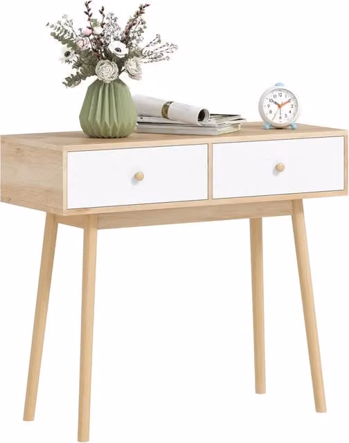 Tavolino consolle Minimal con 2 cassetti in rovere e bianco L 86 cm, P 35 cm, H 75 cm