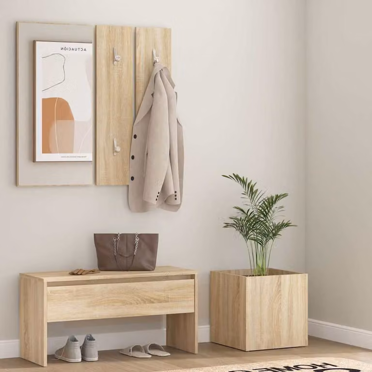 Set di Mobili da Corridoio Moderno vidaXL in Legno Rovere e Beige con Panca, Specchio e Appendiabiti