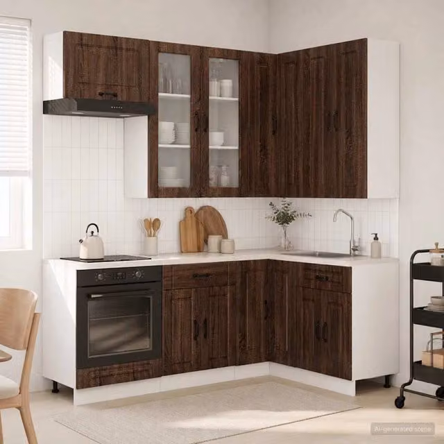 Unità cucina angolare KALMAR vidaXL in legno rovere marrone con ante in vetro e scaffali aperti, 8 pezzi