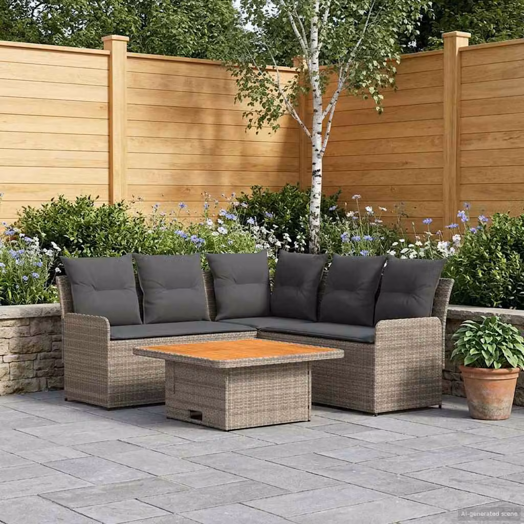 Set di mobili da giardino vidaXL in rattan con divano angolare, tavolino e cuscini, colore grigio e antracite