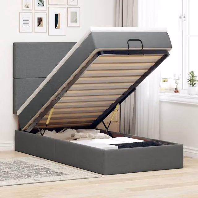 Letto con contenitore a sollevamento e materasso vidaXL in tessuto grigio e bianco L 90 x P 193 x H 128 cm
