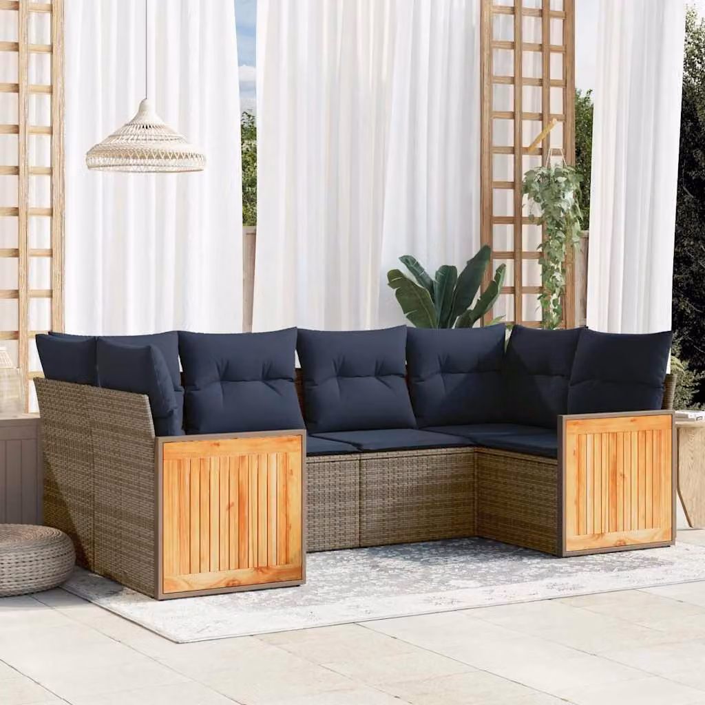 Set di divani da giardino vidaXL a forma di L composto da 6 pezzi con cuscini, struttura in rattan e metallo, colore grigio e blu