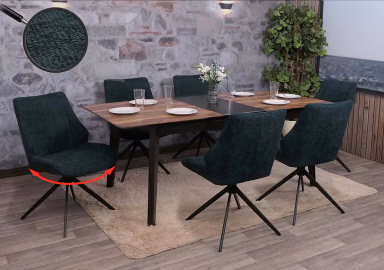 Set di 6 sedie da pranzo modello HWC-O48, sedie da cucina, girevoli con sistema di ritorno automatico, rivestite in tessuto chenille (320g/m²), colore verde petrolio
