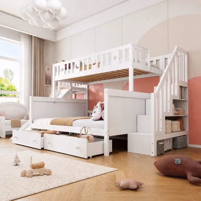 Letto a castello MIVRAY per bambini in legno bianco con scivolo, scala, cassetti e ripiani L/P/H: 196 x 90 x 167,5 cm