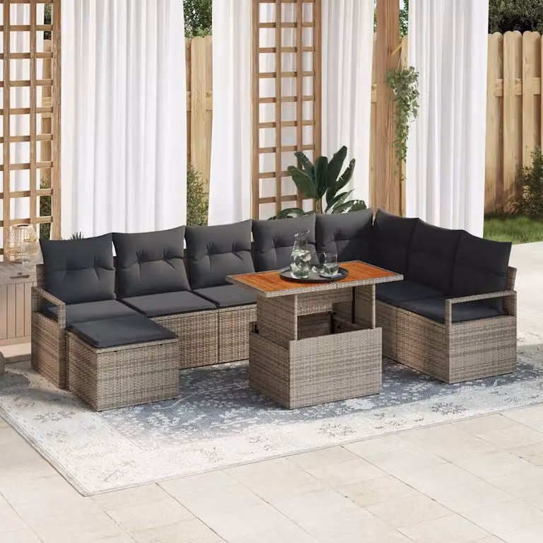 Set Divano da Giardino vidaXL 9 Pezzi in Rattan Grigio con Tavolino, Ottoman e Cuscini