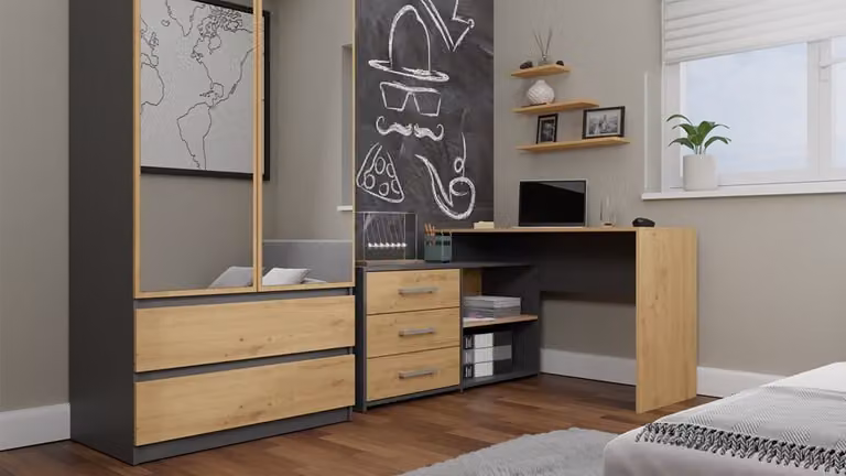 Scrivania angolare funzionale DANY da 120 cm con 3 cassetti e spazio contenitivo