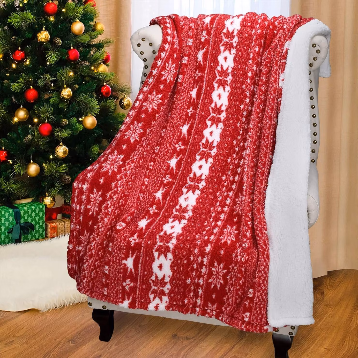 Coperta in pile Sherpa con motivo a fiocchi di neve, 150x130 cm, colore rosso