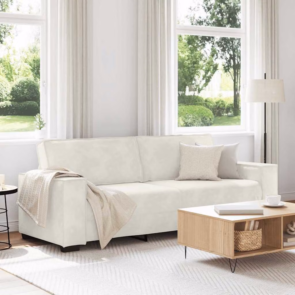 Divano a 3 posti vidaXL in velluto beige e bianco, design moderno con cuscini inclusi, L: 220 cm, P: 78 cm, H: 84 cm