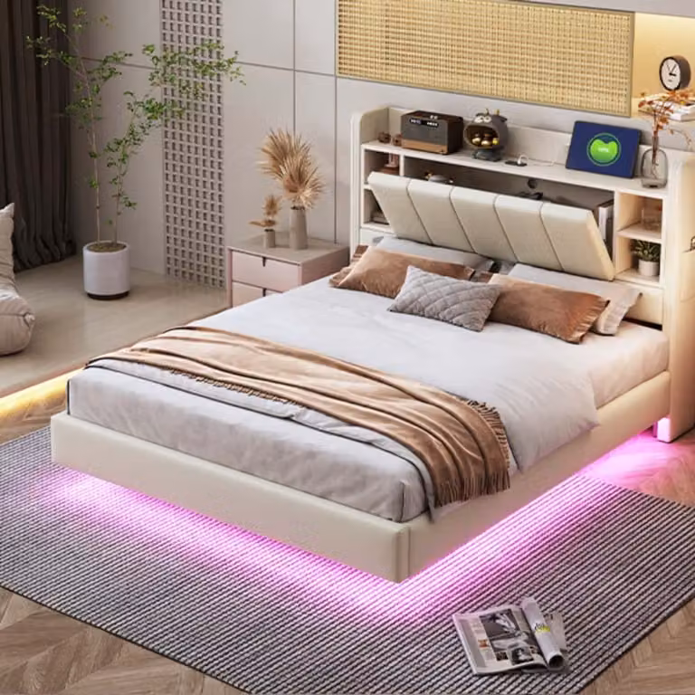 Letto imbottito AIORBER, 140 x 200 cm, con striscia LED, presa USB, con vano contenitore, struttura in metallo, tessuto di lino, testata reversibile, letto matrimoniale, beige