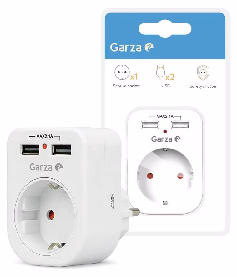 Garza - Adattatore Reiher 1 Schuko + 2 USB, bianco