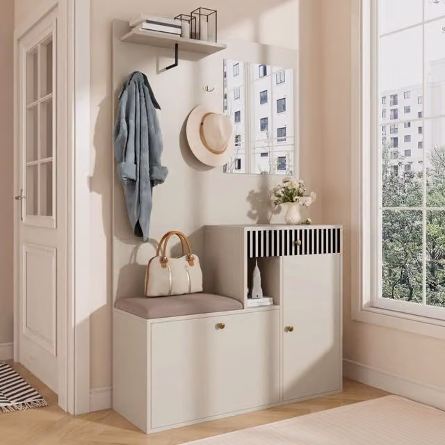 Mobile da ingresso con specchio seduta imbottita e ripiani regolabili in MDF beige e crema 110 × 37 × 185,5 cm