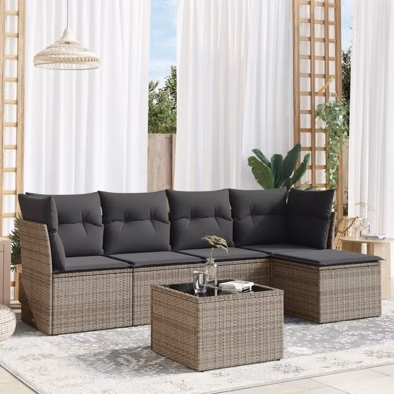 vidaXL Set Divano da Giardino 6 pz a L in Polyrattan Grigio con Cuscini e Tavolino