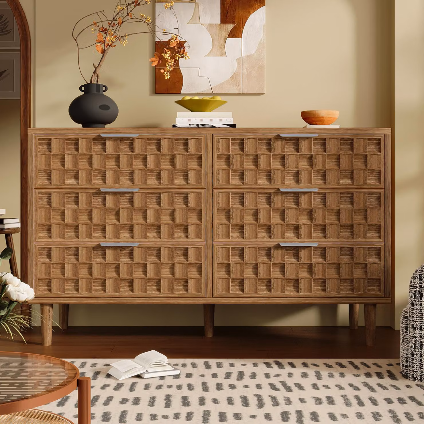 Comodino in legno di quercia con 6 cassetti e maniglie in metallo, stile vintage, design a motivo waffle, ideale per il soggiorno
