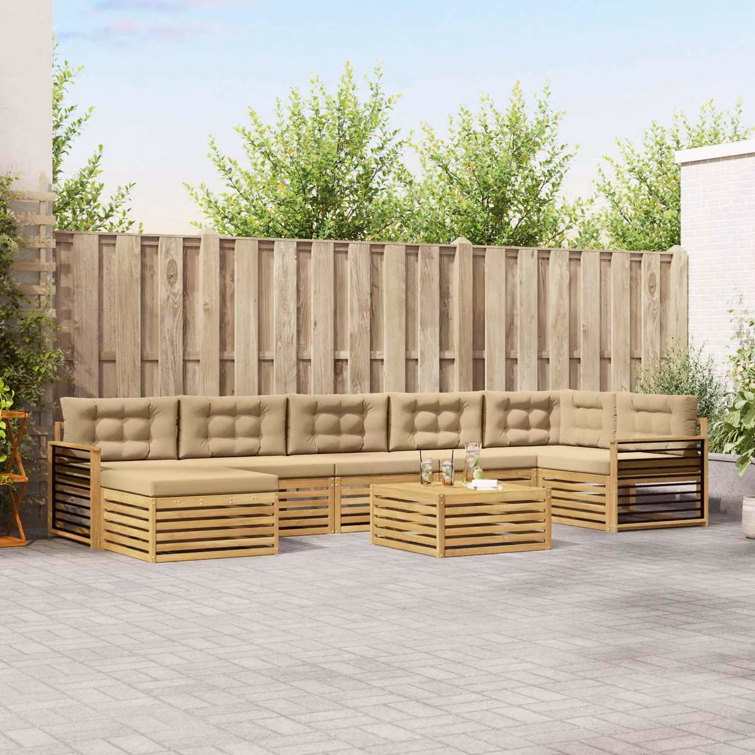 Set di divani da esterno a L vidaXL in legno di acacia con 8 pezzi, bianco e beige