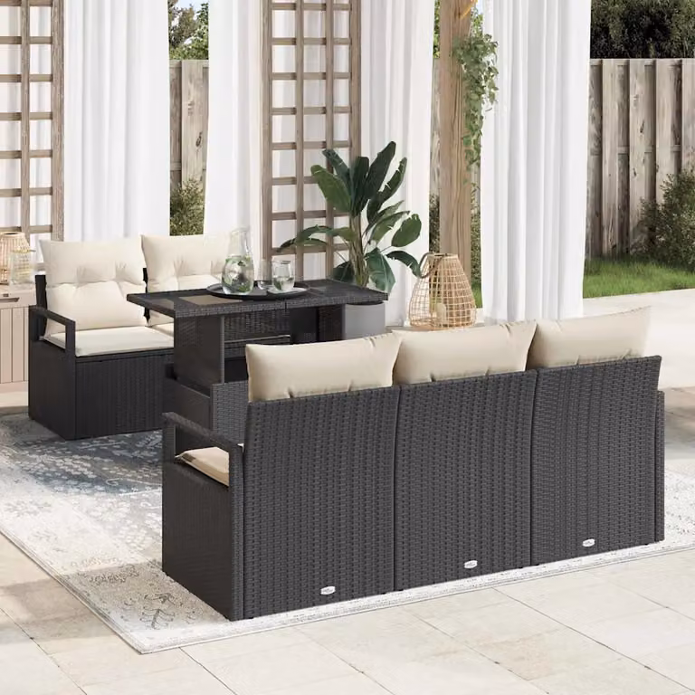 Set Divano da Giardino vidaXL a forma a U composto da 6 pezzi con tavolino, elementi angolari e pouf, colore nero e beige con cuscini inclusi