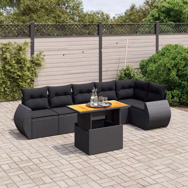 Set Divani da Giardino vidaXL a Forma di L con 7 Pezzi e Cuscini Neri in Polyrattan e Acciaio