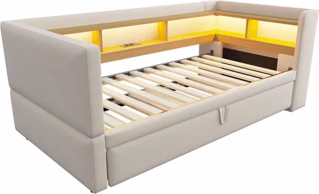 Divano Letto Imbottito Estraibile 90/180x190 cm con Illuminazione LED, Prese di Corrente e Spazi Portaoggetti, Tessuto in Flanella, Colore Bianco
