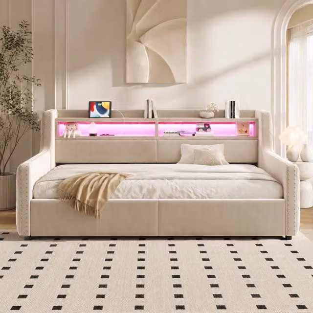 Divano letto imbottito 90 x 200 cm in velluto beige con contenitore, LED e prese