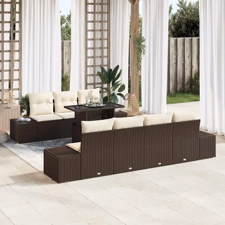Set di divani da giardino a forma di U vidaXL in rattan con cuscini marrone e beige