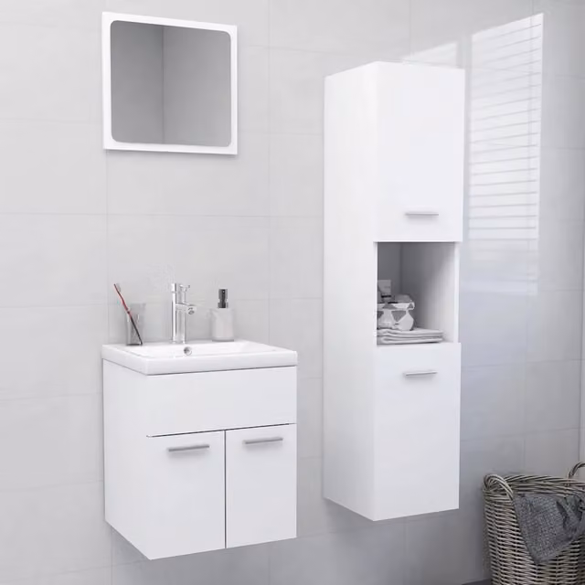 Set moderno di mobili da bagno vidaXL in legno laccato bianco composto da mobile lavabo, colonna alta e armadietto con specchio