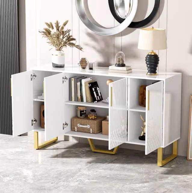 Credenza lucida bianca a 4 ante con motivo geometrico; struttura in MDF
