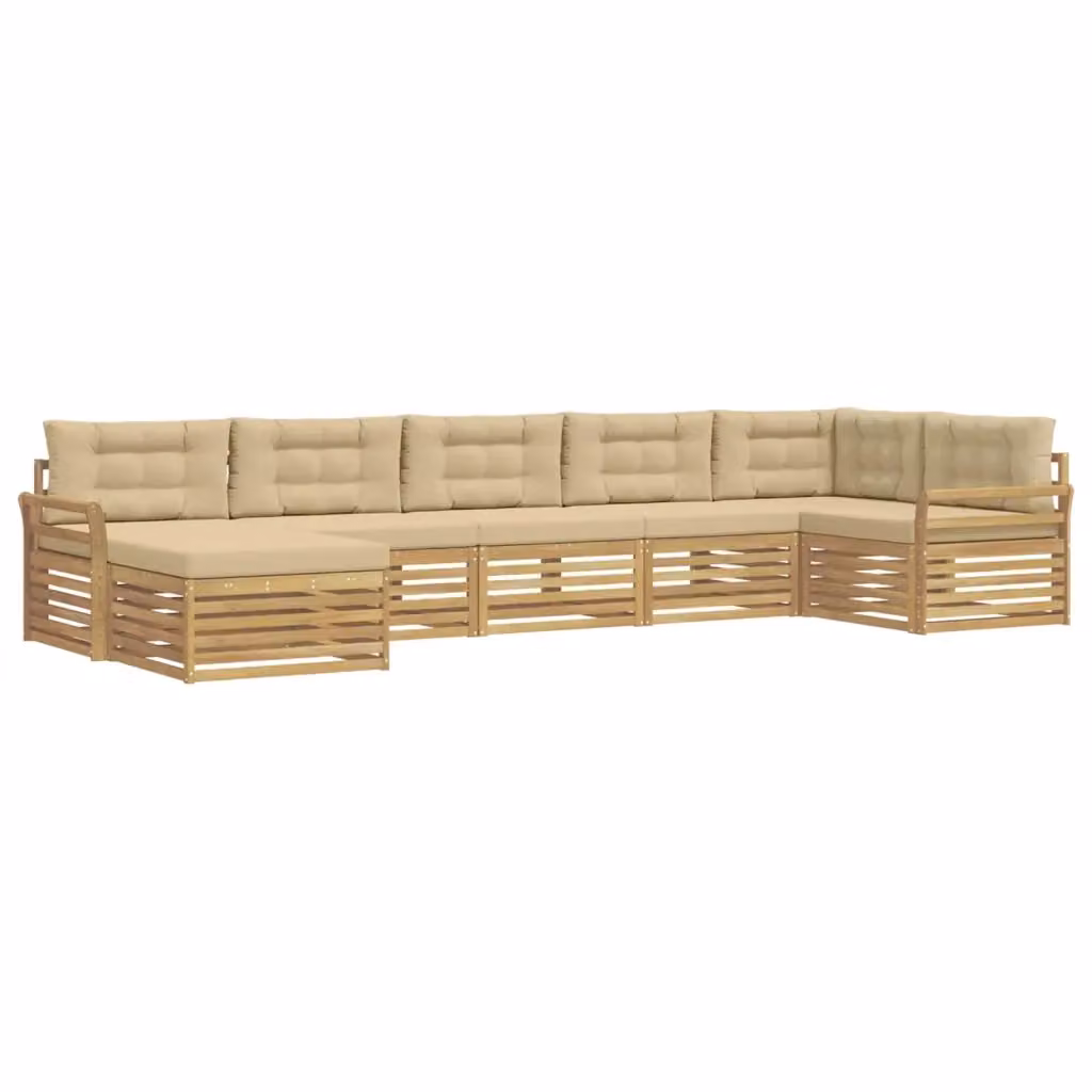 Set di divani da esterno a L vidaXL composto da 7 pezzi in legno di acacia con cuscini in tessuto bianco e beige – 2