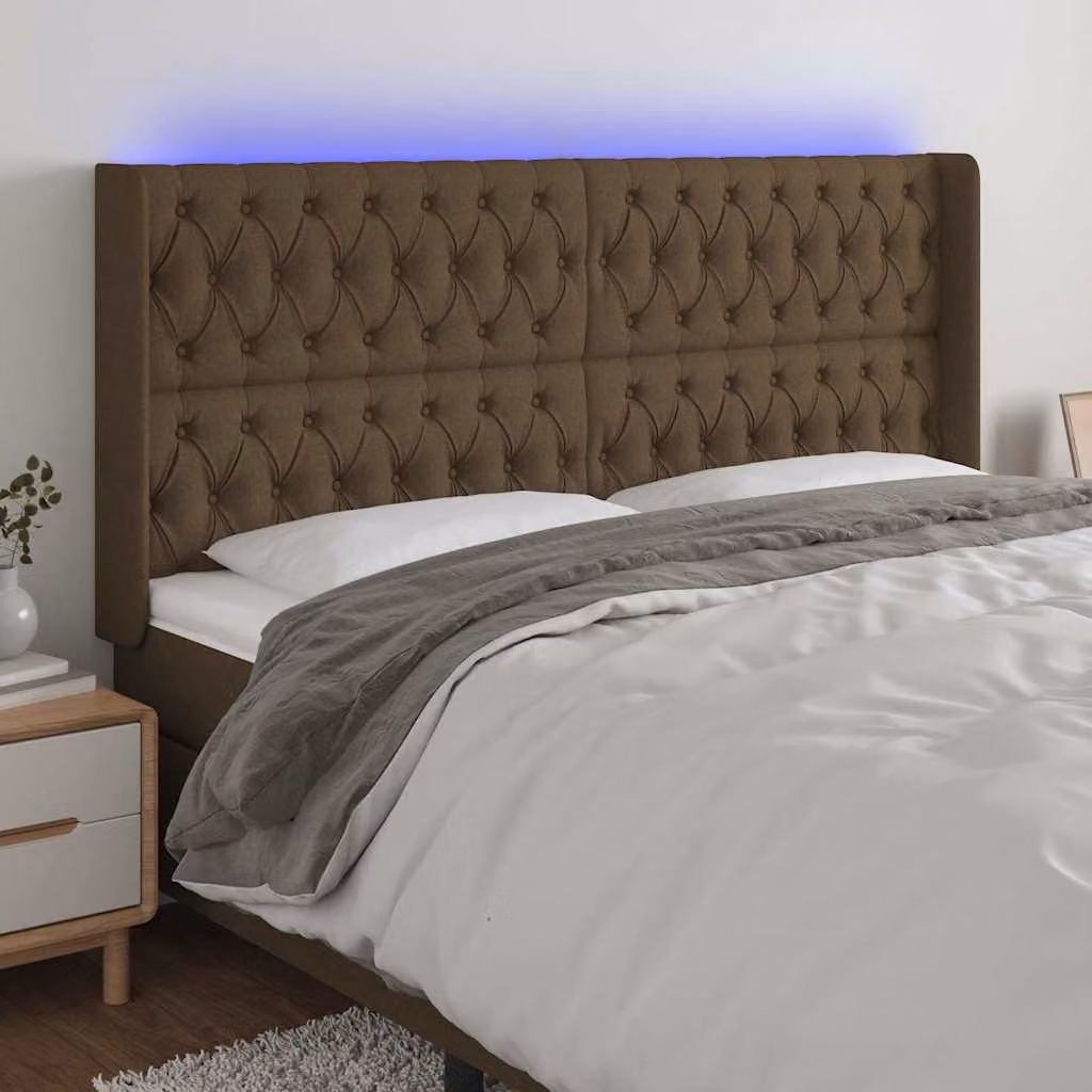 Testiera con LED e porta USB vidaXL in tessuto marrone con struttura in legno, L: 203 cm, P: 16 cm, H: 118 cm – 1