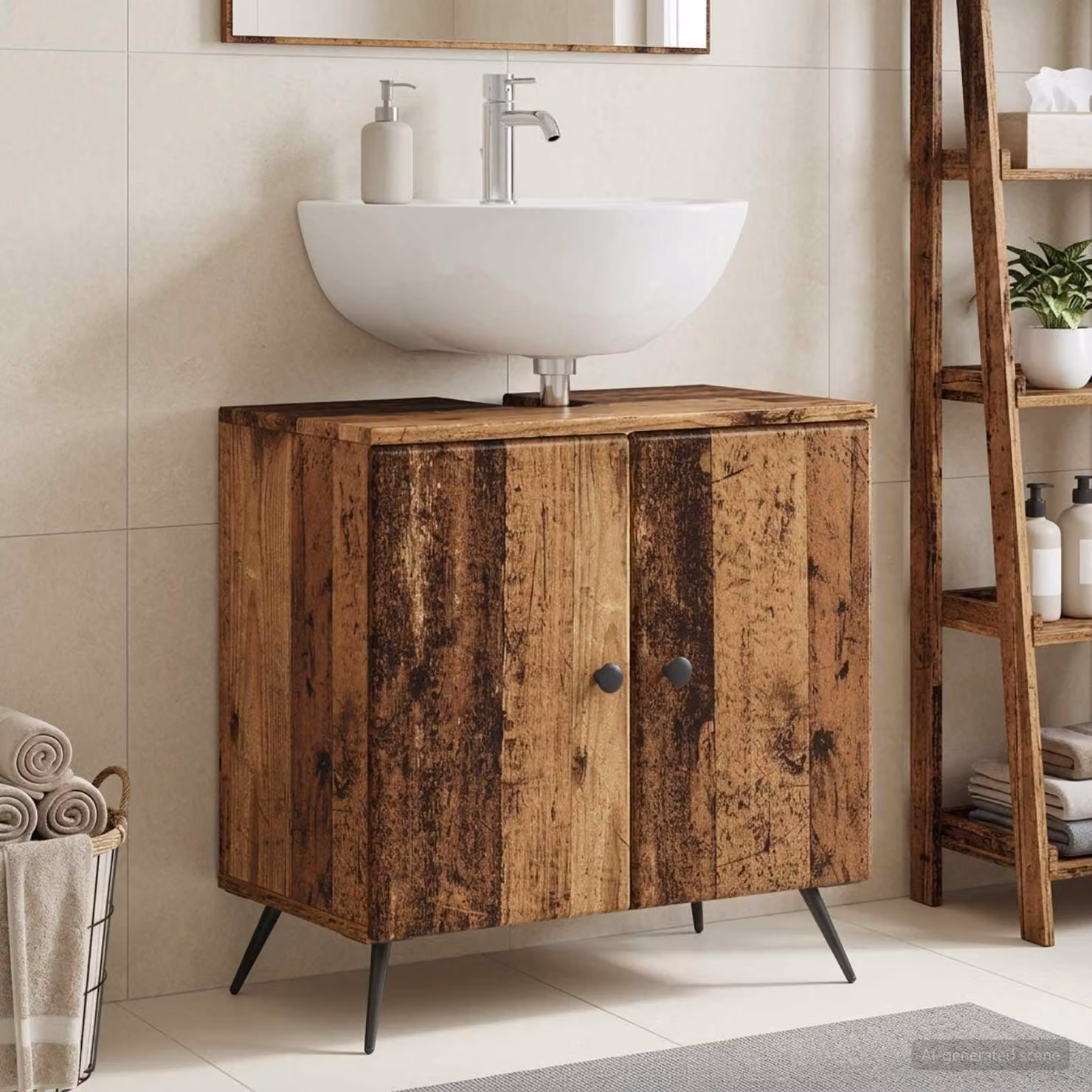 vidaXL Armadio per Lavabo da Bagno BREDA in Legno Antico, Marrone e Nero, L/P/H: 59,5 x 31,5 x 59 cm