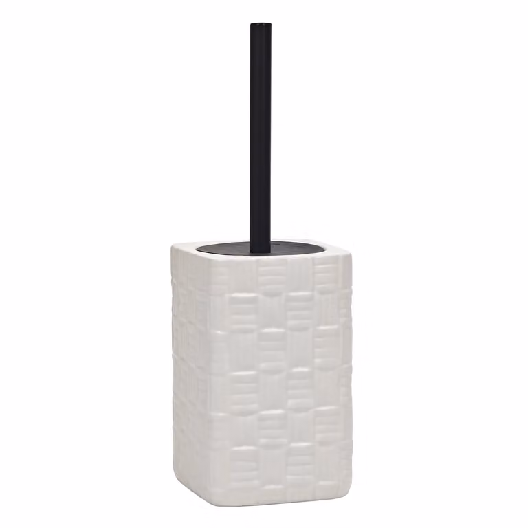 Portascopino con scopino in ceramica bianco con finitura a rilievo effetto intreccio Vestiamo Casa