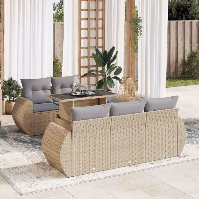 Set Divano da Giardino vidaXL 6 pz a Forma a L con Cuscini Beige e Tavolino, Struttura in Metallo e Polyrattan per Terrazza e Giardino
