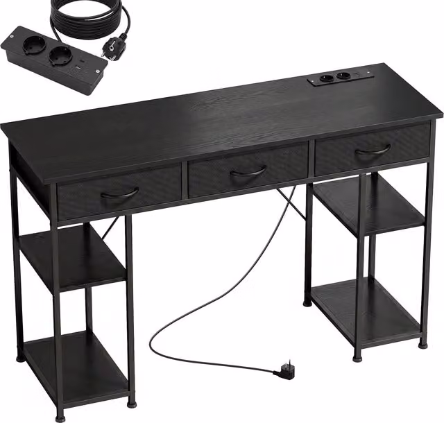 Scrivania HOMCOM con contenitore e prese di corrente, 3 cassetti in tessuto e 4 ripiani di stoccaggio, Nero, L: 120 cm, P: 40 cm, H: 76 cm