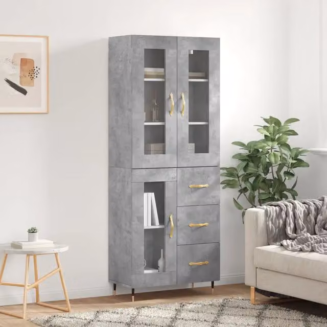 Credenza moderna vidaXL in legno, metallo e vetro, colore grigio, L: 69,5 cm, P: 34 cm, H: 180 cm