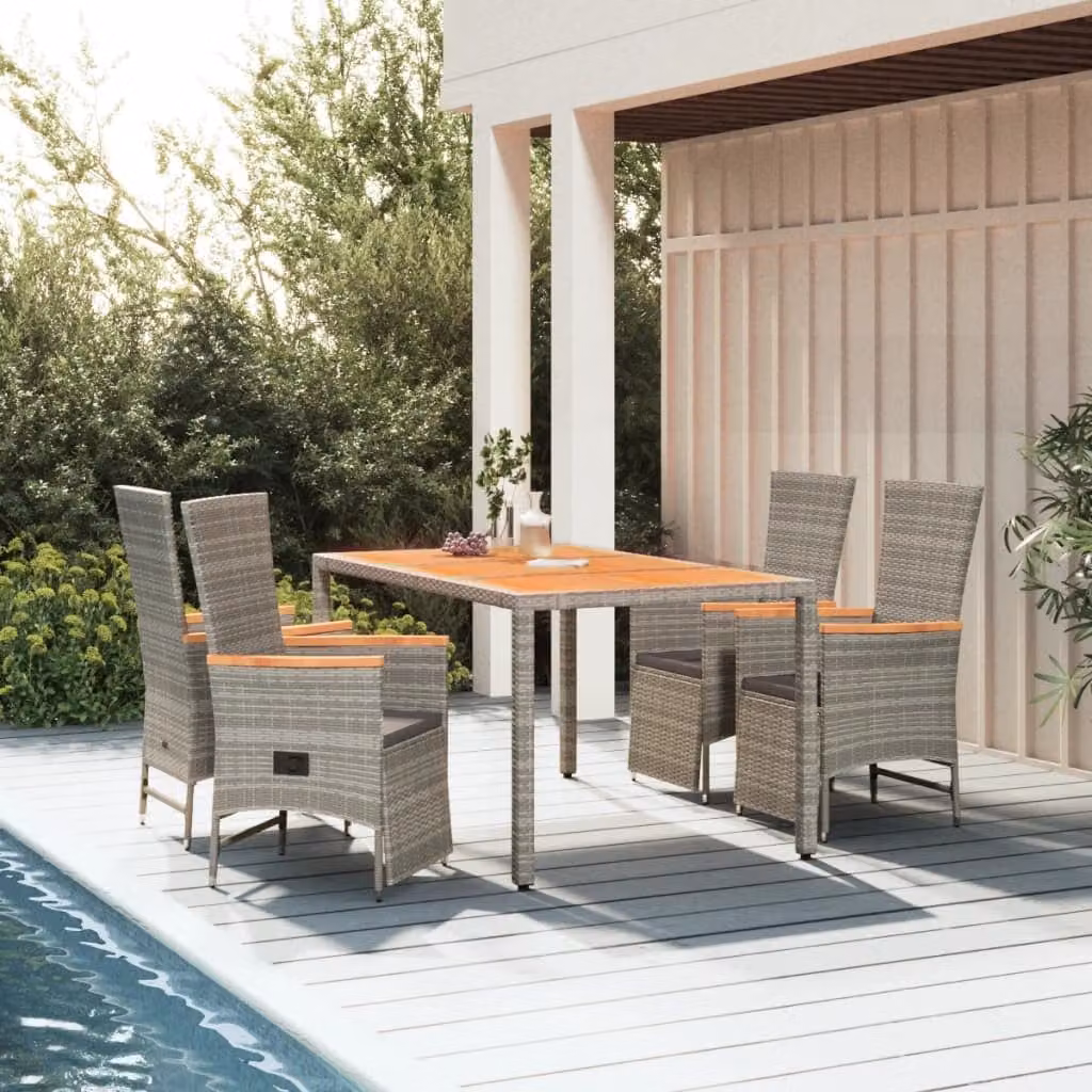 Set da pranzo da giardino vidaXL in polyrattan e legno di acacia grigio con 5 pezzi e cuscini