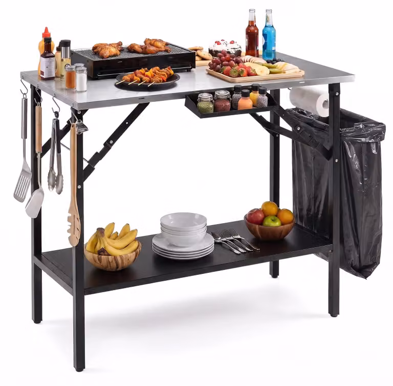 Tavolo da barbecue per esterni, tavolo pieghevole da campeggio, tavolo pieghevole con ripiano removibile, portaspezie, apribottiglie, portarifiuti e ganci