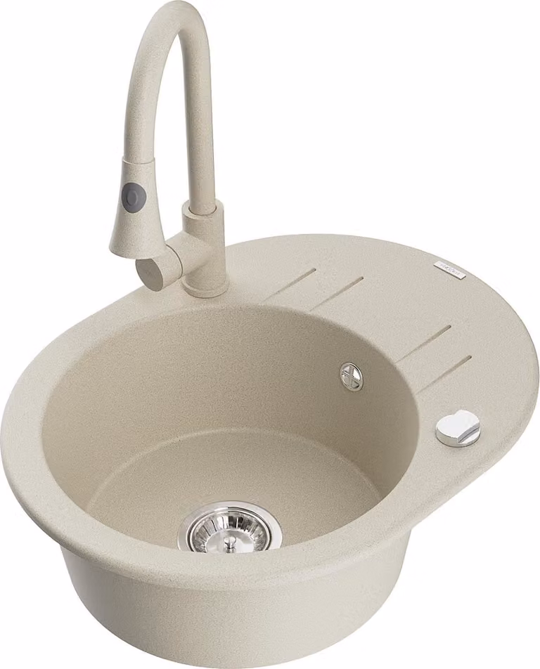 Mexen Kevin lavello in granito a 1 vasca con scolapiatti e rubinetto da cucina Elia, beige - 6517-69-670101-69