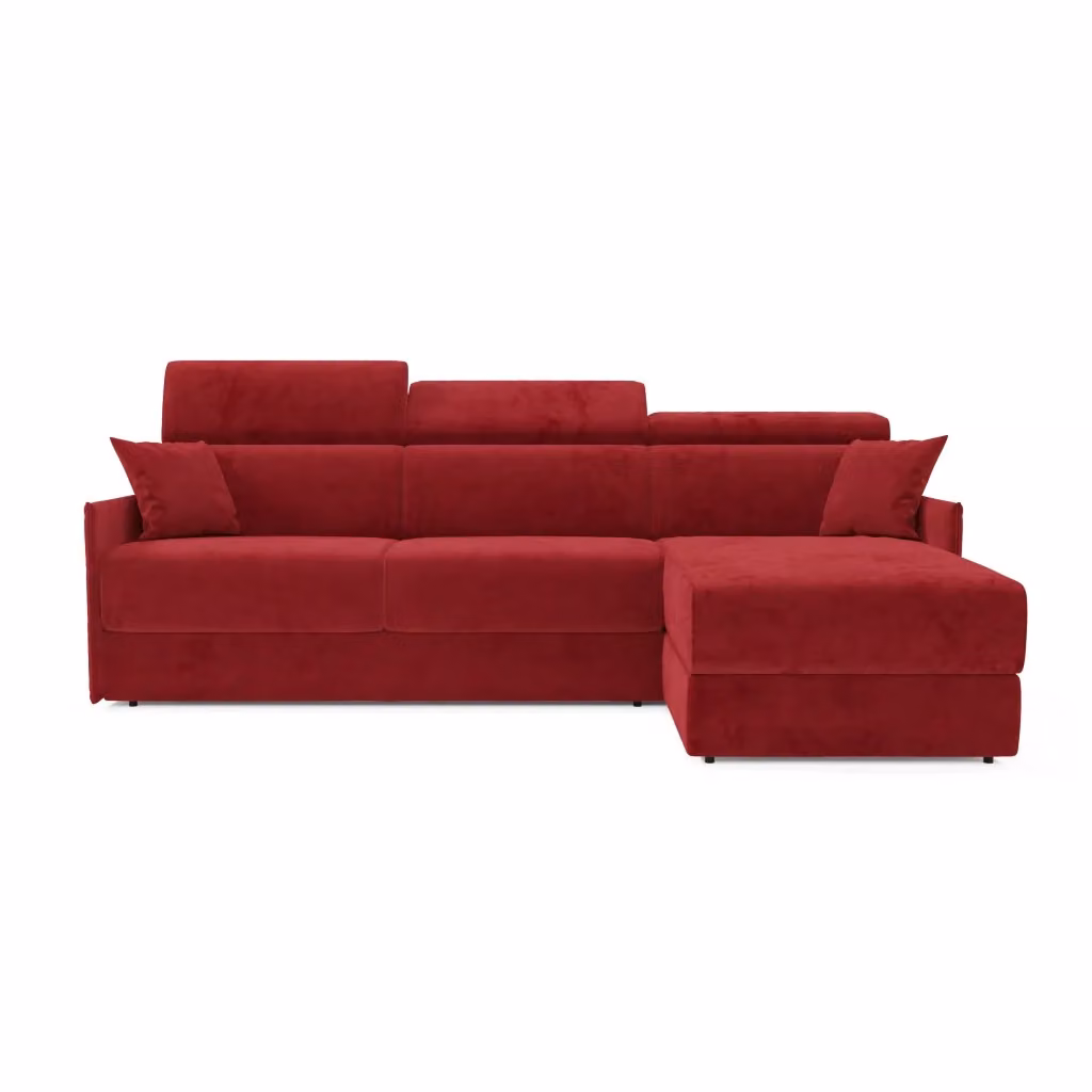 Divano letto angolare Miryam DIVANI.STORE con penisola contenitore e poggiatesta reclinabili, tessuto smacchiabile rosso, L: 272 cm, lato sinistro – 2