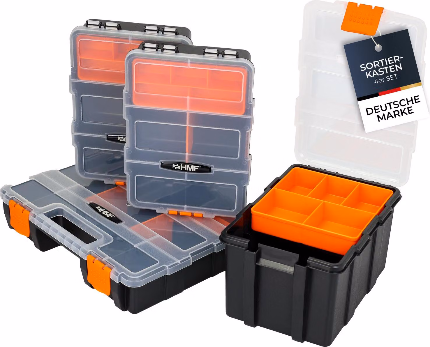 HMF Scatola di smistamento vuota a 4 scomparti, cassetta assortita per utensili e minuteria, 49 scomparti, coperchio trasparente, nero-arancione