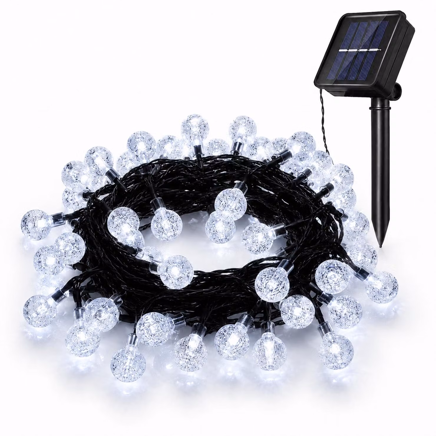 Catena luminosa solare per esterni, 9,5 metri, 50 LED, sfere di cristallo, 8 modalità, luce bianca fredda, accensione/spegnimento automatico, ideale per decorare giardino, terrazza, balcone, per Natale o per feste
