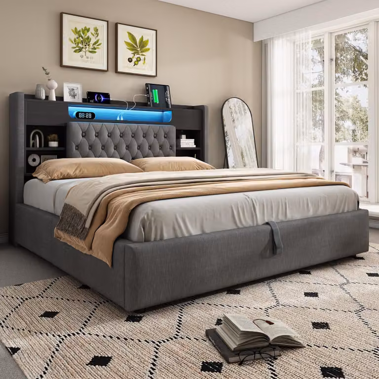 Letto imbottito okwish 160x200 con materasso, letto singolo con USB e Type-C, letto per ragazzi con LED e spazio contenitore a sollevamento idraulico, grigio