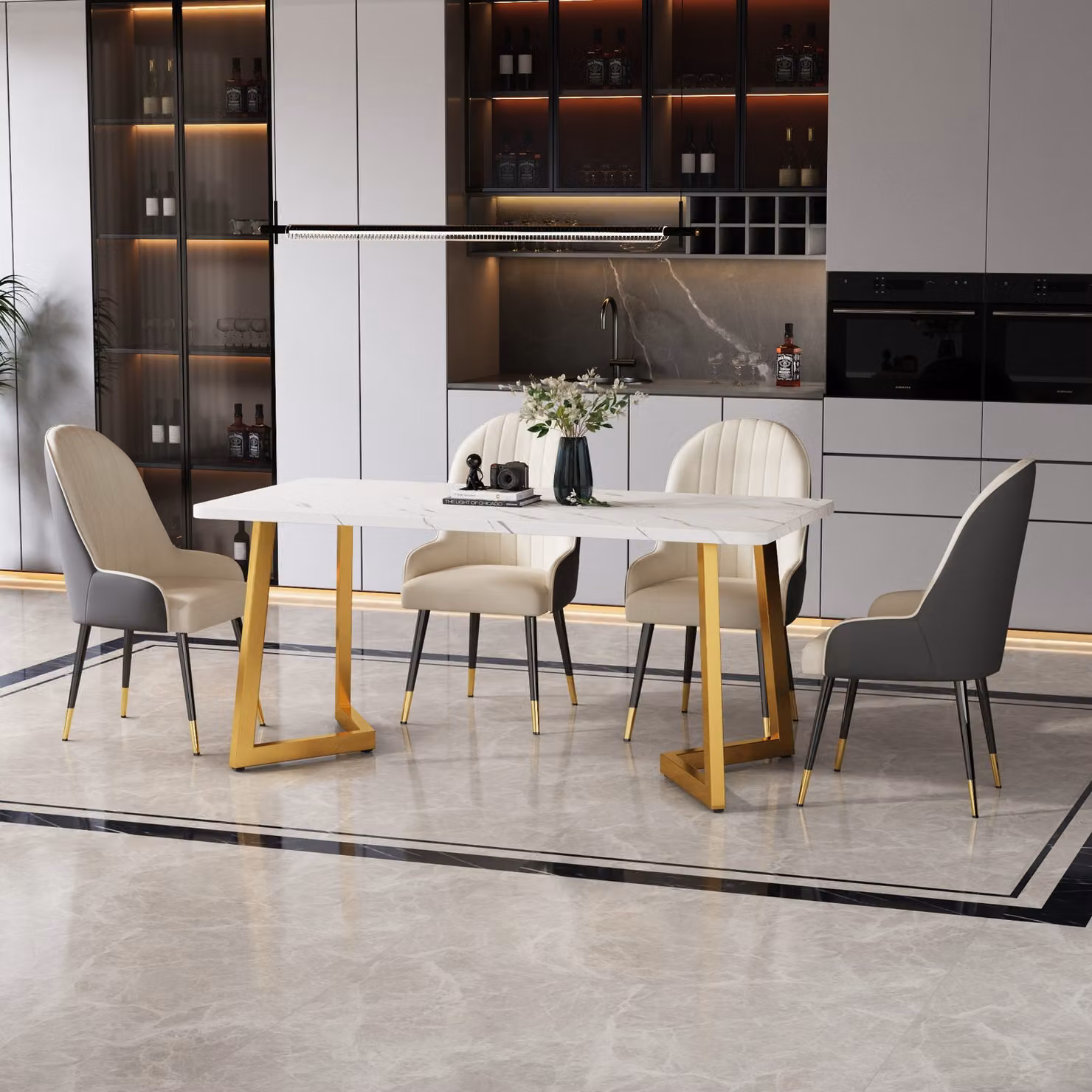 Tavolo da pranzo in marmo Flieks Tavolo da pranzo, tavolo da cucina rettangolare con gambe in metallo per sala da pranzo soggiorno, 117x68x75 cm, bianco oro