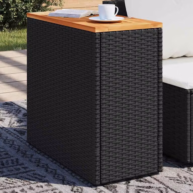 Tavolino da giardino vidaXL in polyrattan con piano in legno di acacia oliato nero, L 58 cm x P 27,5 cm x H 55 cm