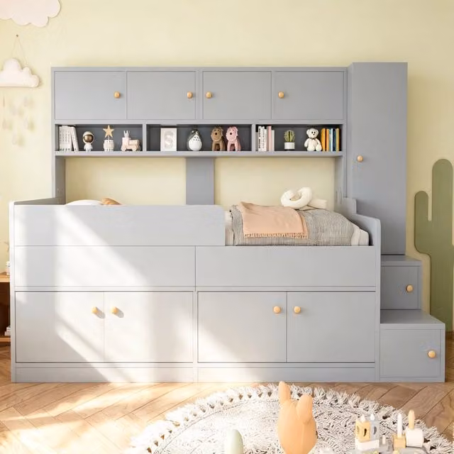 Letto per Bambini 90x200 cm in Legno Grigio con Contenitore; Armadio; Scala e Luci LED