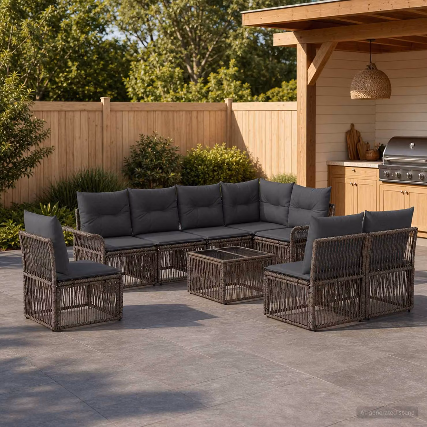 Set Divano da Giardino vidaXL 9 Pezzi a Forma di U Grigio con Tavolino e Cuscini in Polyrattan e Acciaio