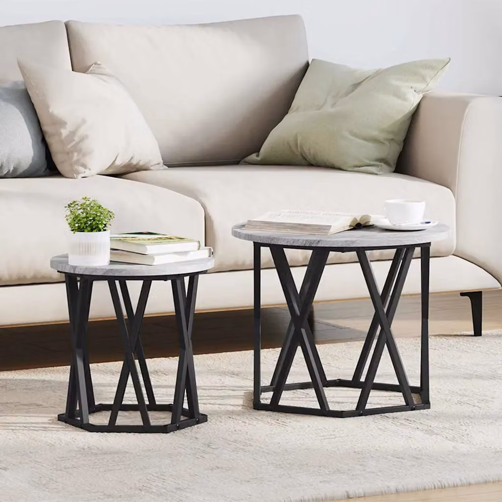 Set di 2 tavolini da salotto rotondi vidaXL in stile moderno, colore grigio e nero, con struttura in metallo e piano in MDF laminato opaco